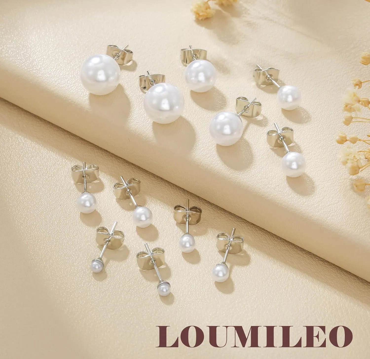 LOUMILEO 6 Pairs Pearl Earrings Set Hypoallergenic Small Sterling Silver Stud Earrings for Women Man 3-10MM Tiny Cartilage Piercing Pearl Studs for Multiple Piercing