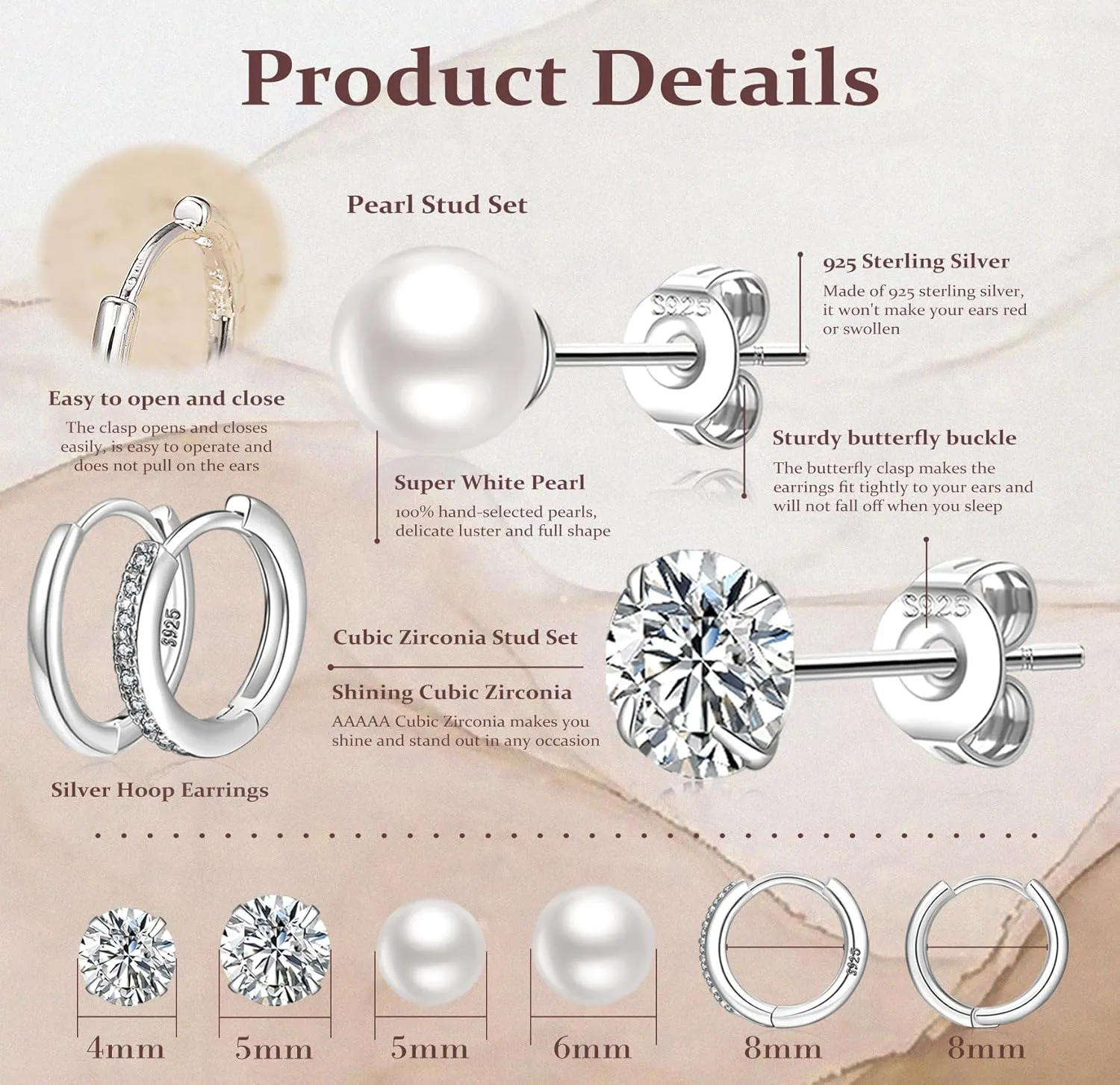 LOUMILEO 6 Pairs Pearl Earrings Set Hypoallergenic Small Sterling Silver Stud Earrings for Women Man 3-10MM Tiny Cartilage Piercing Pearl Studs for Multiple Piercing