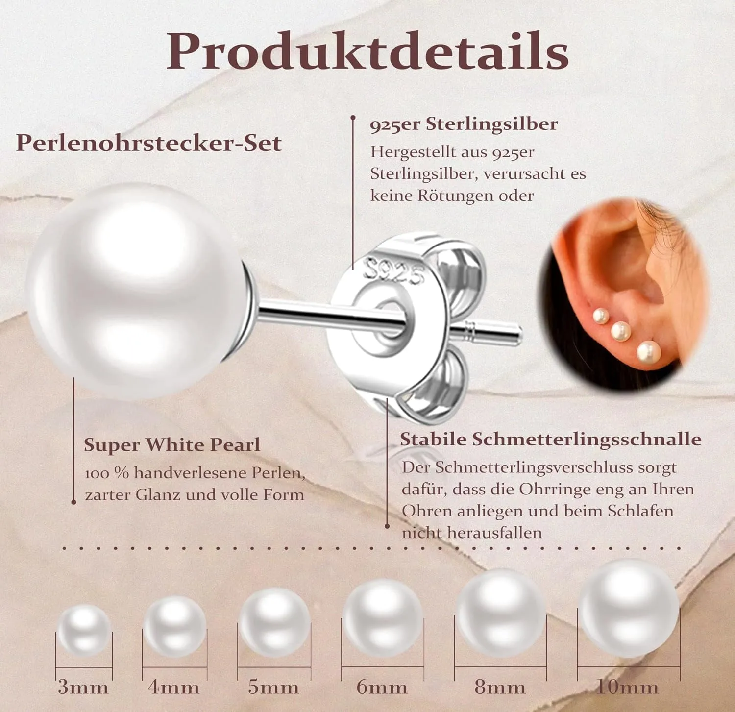 LOUMILEO 6 Pairs Pearl Earrings Set Hypoallergenic Small Sterling Silver Stud Earrings for Women Man 3-10MM Tiny Cartilage Piercing Pearl Studs for Multiple Piercing