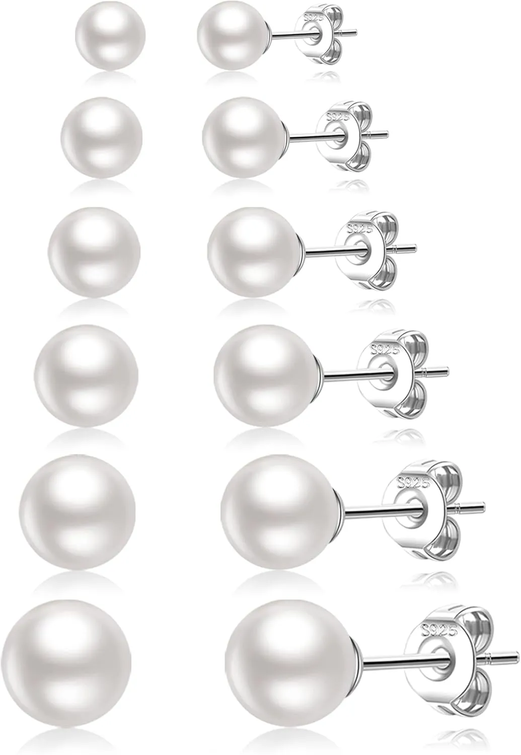 LOUMILEO 6 Pairs Pearl Earrings Set Hypoallergenic Small Sterling Silver Stud Earrings for Women Man 3-10MM Tiny Cartilage Piercing Pearl Studs for Multiple Piercing