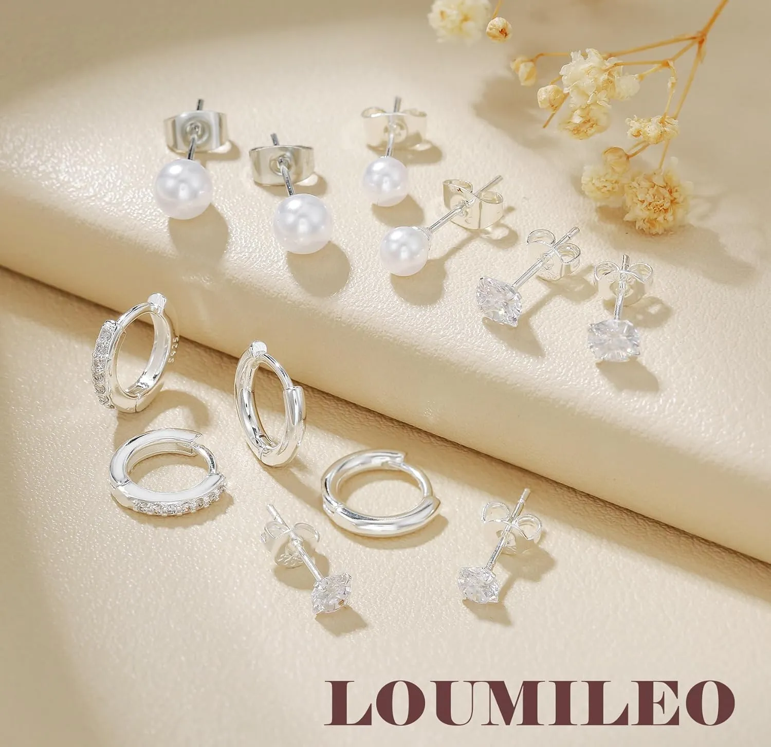 LOUMILEO 6 Pairs Pearl Earrings Set Hypoallergenic Small Sterling Silver Stud Earrings for Women Man 3-10MM Tiny Cartilage Piercing Pearl Studs for Multiple Piercing