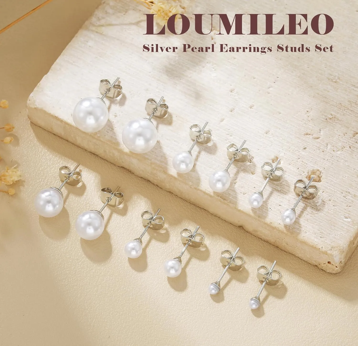 LOUMILEO 6 Pairs Pearl Earrings Set Hypoallergenic Small Sterling Silver Stud Earrings for Women Man 3-10MM Tiny Cartilage Piercing Pearl Studs for Multiple Piercing