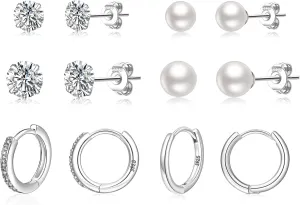 LOUMILEO 6 Pairs Pearl Earrings Set Hypoallergenic Small Sterling Silver Stud Earrings for Women Man 3-10MM Tiny Cartilage Piercing Pearl Studs for Multiple Piercing