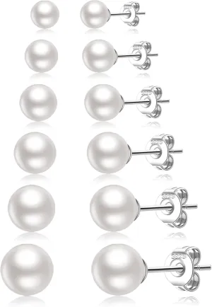 LOUMILEO 6 Pairs Pearl Earrings Set Hypoallergenic Small Sterling Silver Stud Earrings for Women Man 3-10MM Tiny Cartilage Piercing Pearl Studs for Multiple Piercing
