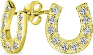 Lucky Equestrian Horseshoe Stud Earrings for Women Cubic Zirconia Pave CZ Western Jewelry Graduation Gift .925 Sterling Silver