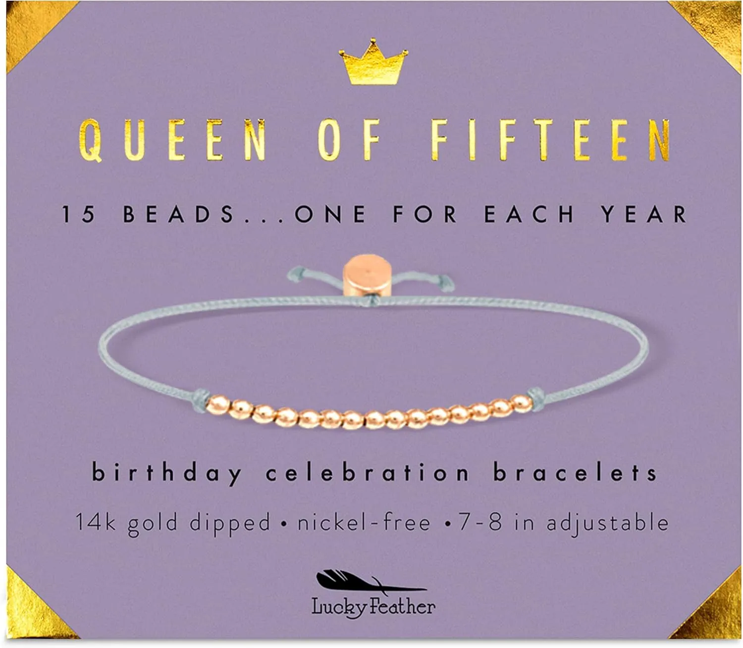 Lucky Feather Quinceanera Gifts For 15 Year Old Girl | 15th Birthday Bracelet With 14k Dipped Beads Adjustable Cord Milestone Gift | Trendy 15 Year Old Girl Gifts | recuerdos para 15 aos quinceaeras