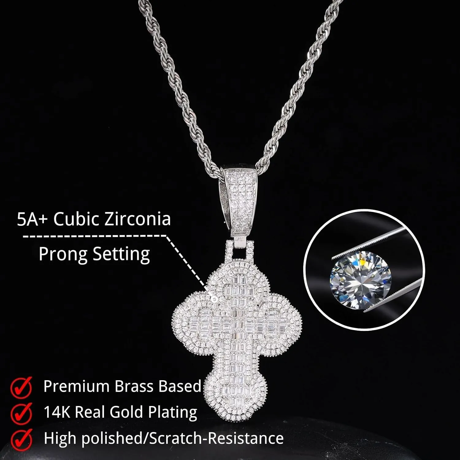 Lulu Mel Iced Out White Gold Plated Cross Pendant Cubic Zirconia Necklace with Rope Chain, Trendy Hip Hop Cross Faith Pendant Jesus Necklace For Men Women