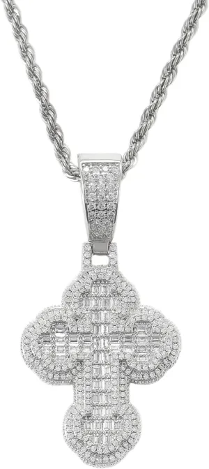 Lulu Mel Iced Out White Gold Plated Cross Pendant Cubic Zirconia Necklace with Rope Chain, Trendy Hip Hop Cross Faith Pendant Jesus Necklace For Men Women