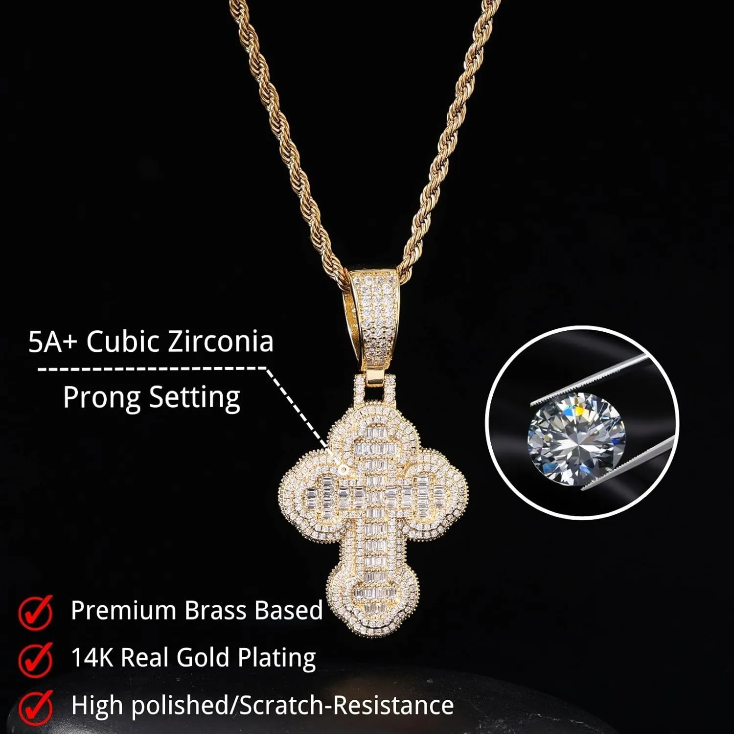 Lulu Mel Iced Out White Gold Plated Cross Pendant Cubic Zirconia Necklace with Rope Chain, Trendy Hip Hop Cross Faith Pendant Jesus Necklace For Men Women