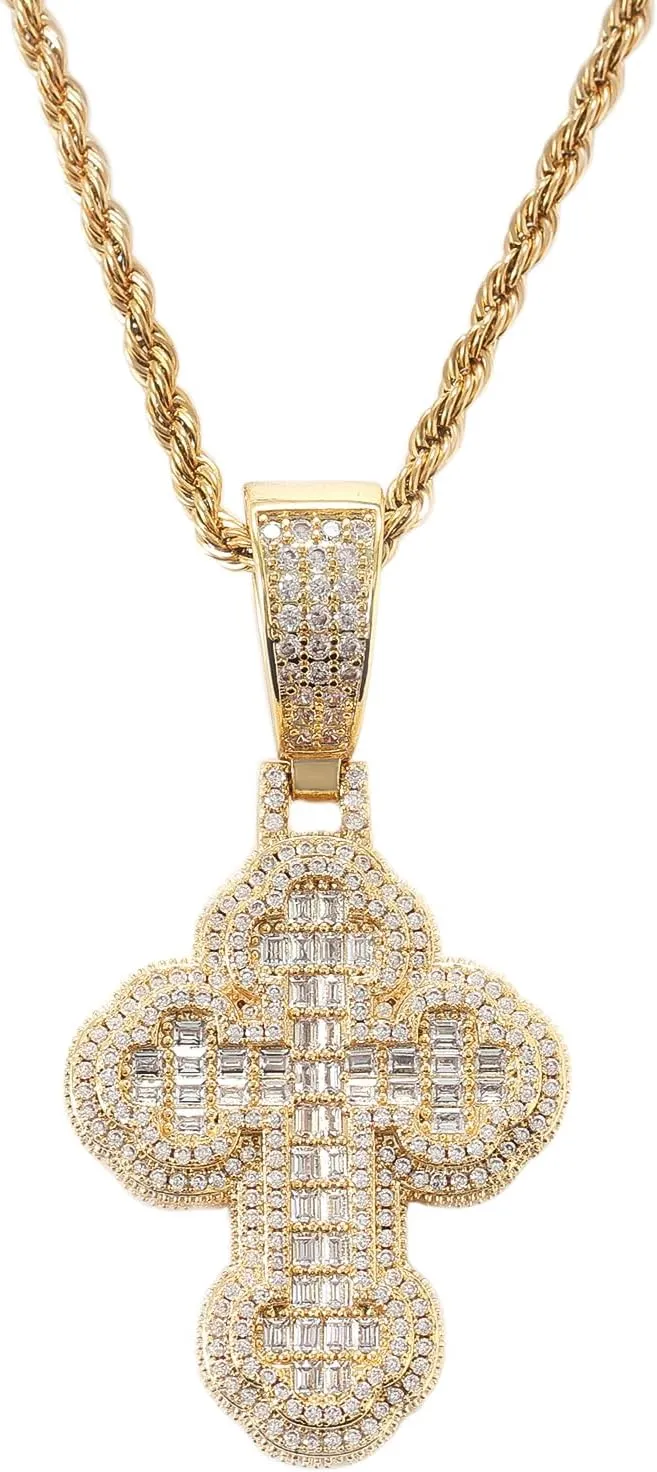 Lulu Mel Iced Out White Gold Plated Cross Pendant Cubic Zirconia Necklace with Rope Chain, Trendy Hip Hop Cross Faith Pendant Jesus Necklace For Men Women