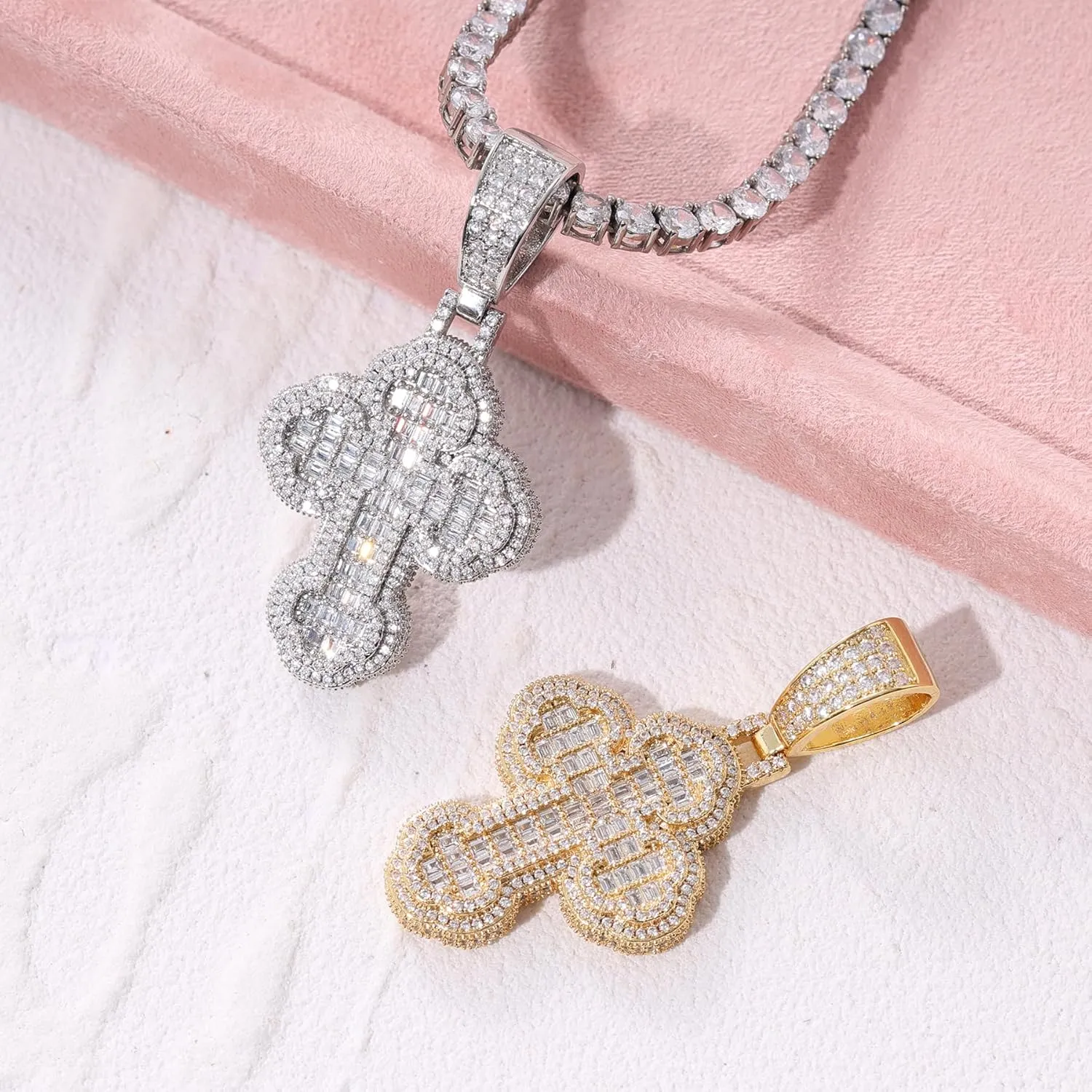 Lulu Mel Iced Out White Gold Plated Cross Pendant Cubic Zirconia Necklace with Rope Chain, Trendy Hip Hop Cross Faith Pendant Jesus Necklace For Men Women
