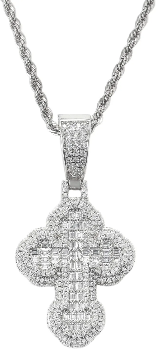 Lulu Mel Iced Out White Gold Plated Cross Pendant Cubic Zirconia Necklace with Rope Chain, Trendy Hip Hop Cross Faith Pendant Jesus Necklace For Men Women