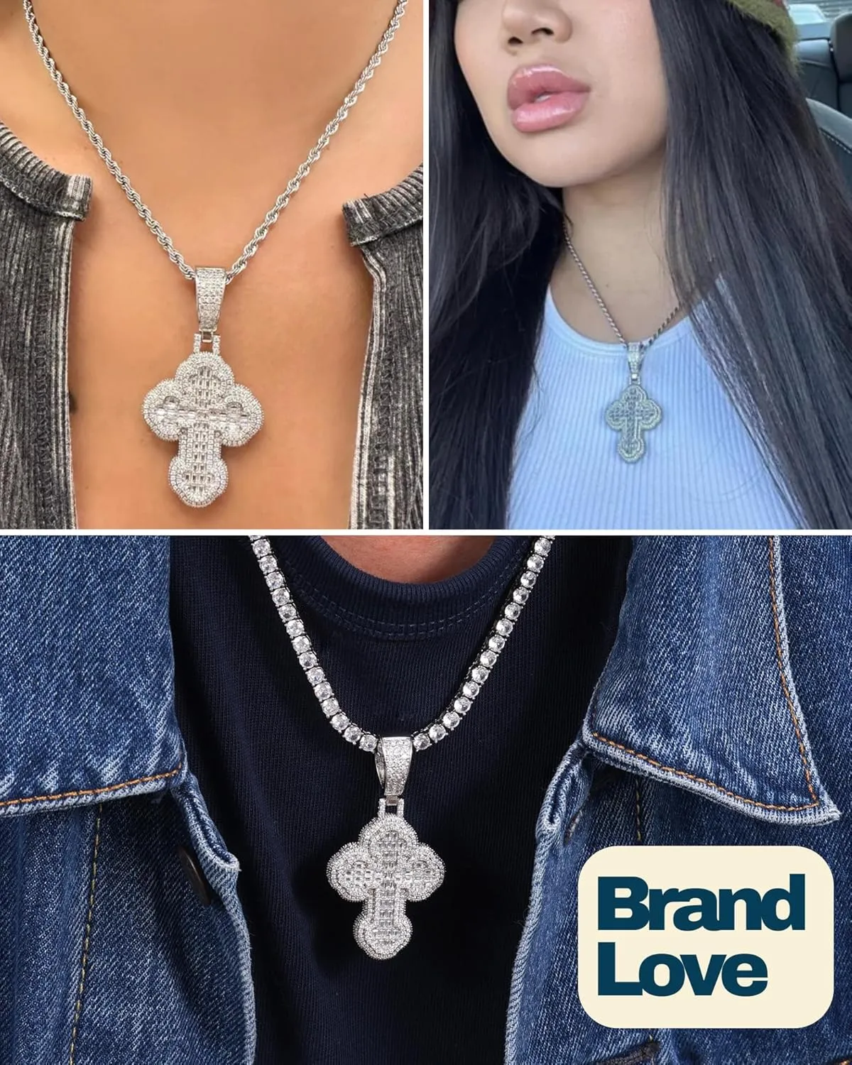 Lulu Mel Iced Out White Gold Plated Cross Pendant Cubic Zirconia Necklace with Rope Chain, Trendy Hip Hop Cross Faith Pendant Jesus Necklace For Men Women