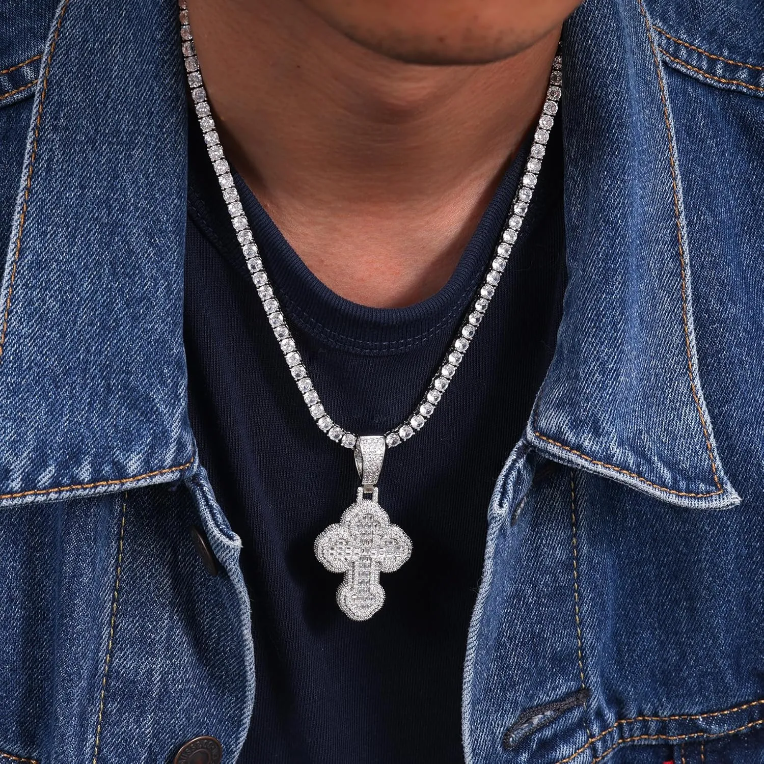 Lulu Mel Iced Out White Gold Plated Cross Pendant Cubic Zirconia Necklace with Rope Chain, Trendy Hip Hop Cross Faith Pendant Jesus Necklace For Men Women