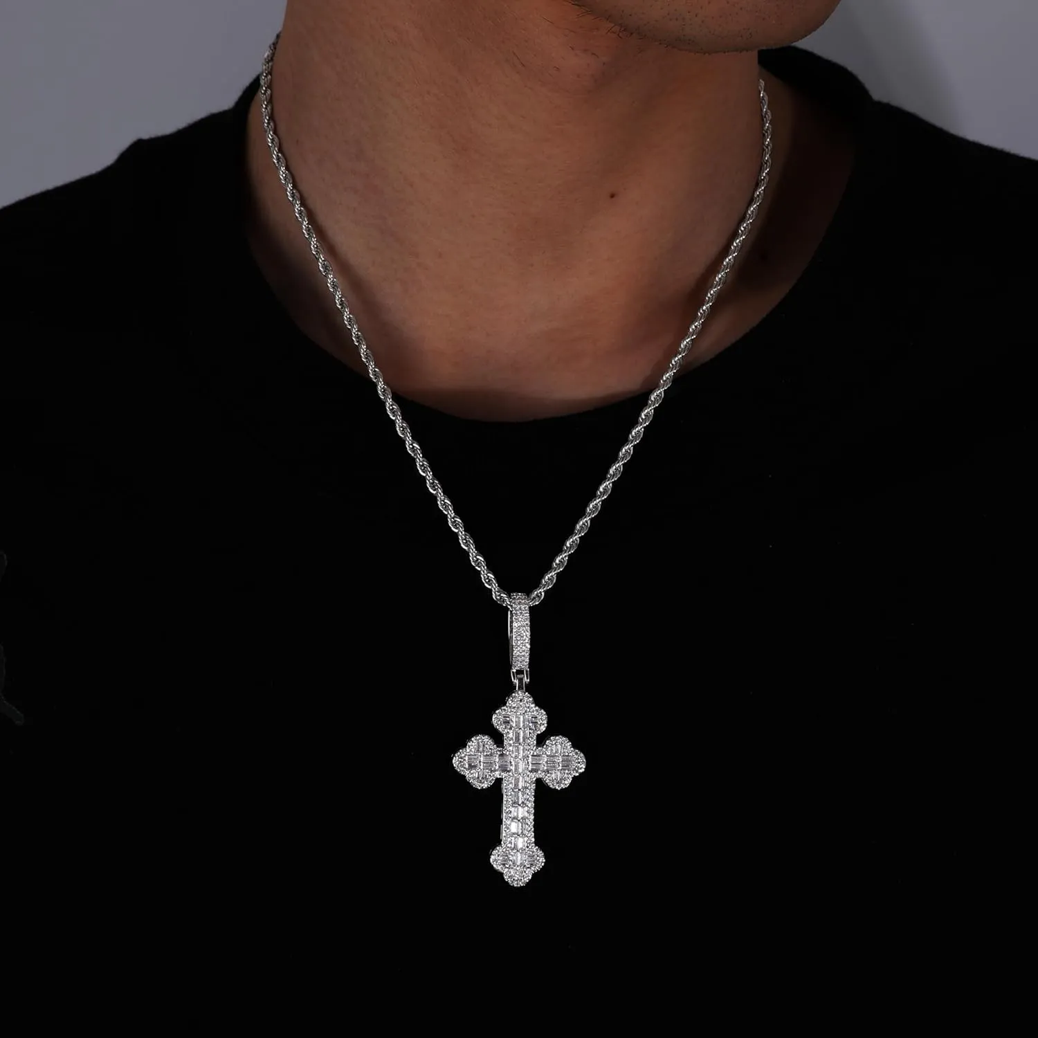 Lulu Mel Iced Out White Gold Plated Cubic Zirconia Cross Pendant Necklace With Rope Chain, Trendy Hip Hop Cross Faith Pendant Jesus Necklace For Men Women