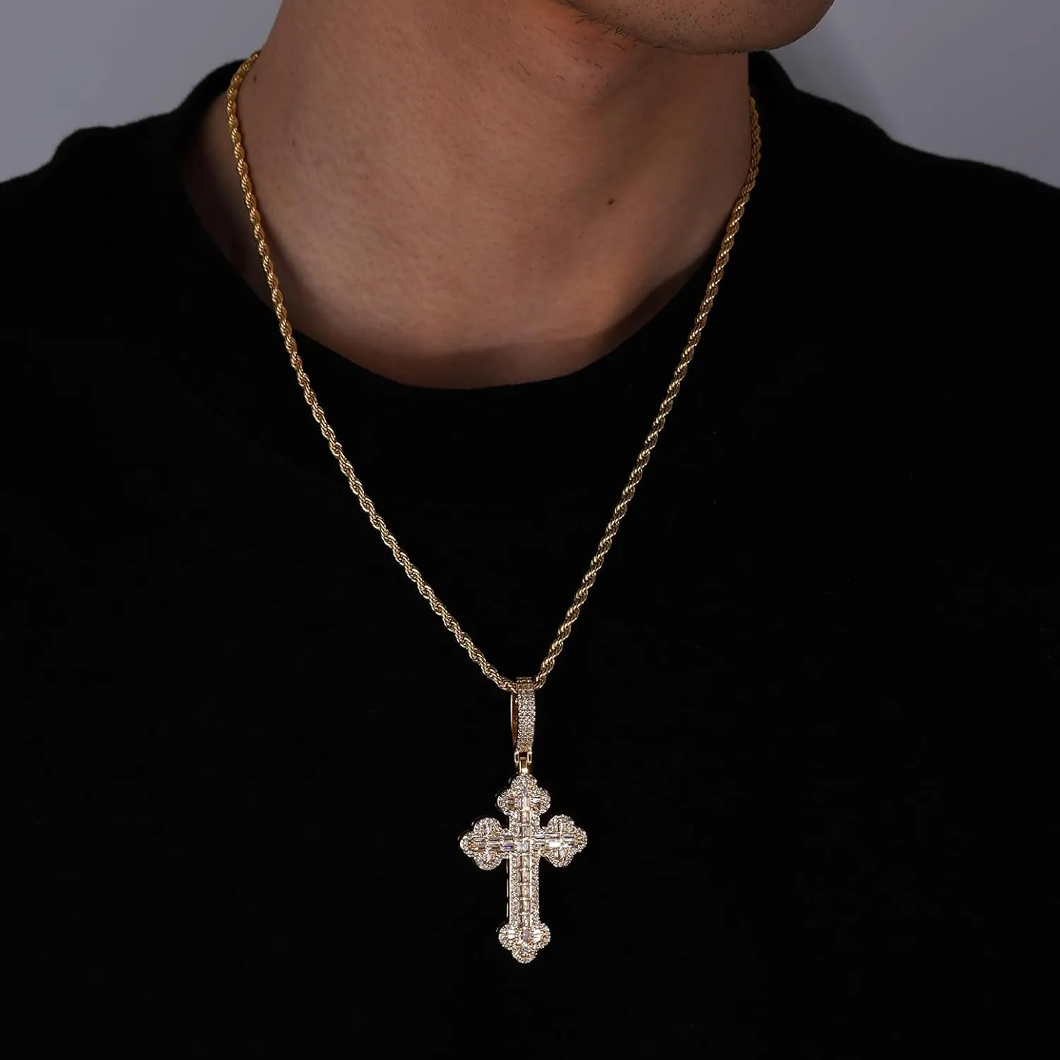 Lulu Mel Iced Out White Gold Plated Cubic Zirconia Cross Pendant Necklace With Rope Chain, Trendy Hip Hop Cross Faith Pendant Jesus Necklace For Men Women