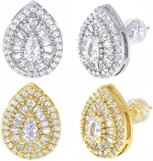 LuReen Earring Studs for Men Women - 18K Gold Plated Cubic Zirconia Stud Earrings Set, Iced Out CZ Studs, Simulated Diamond Halo Earrings (2 Pairs)