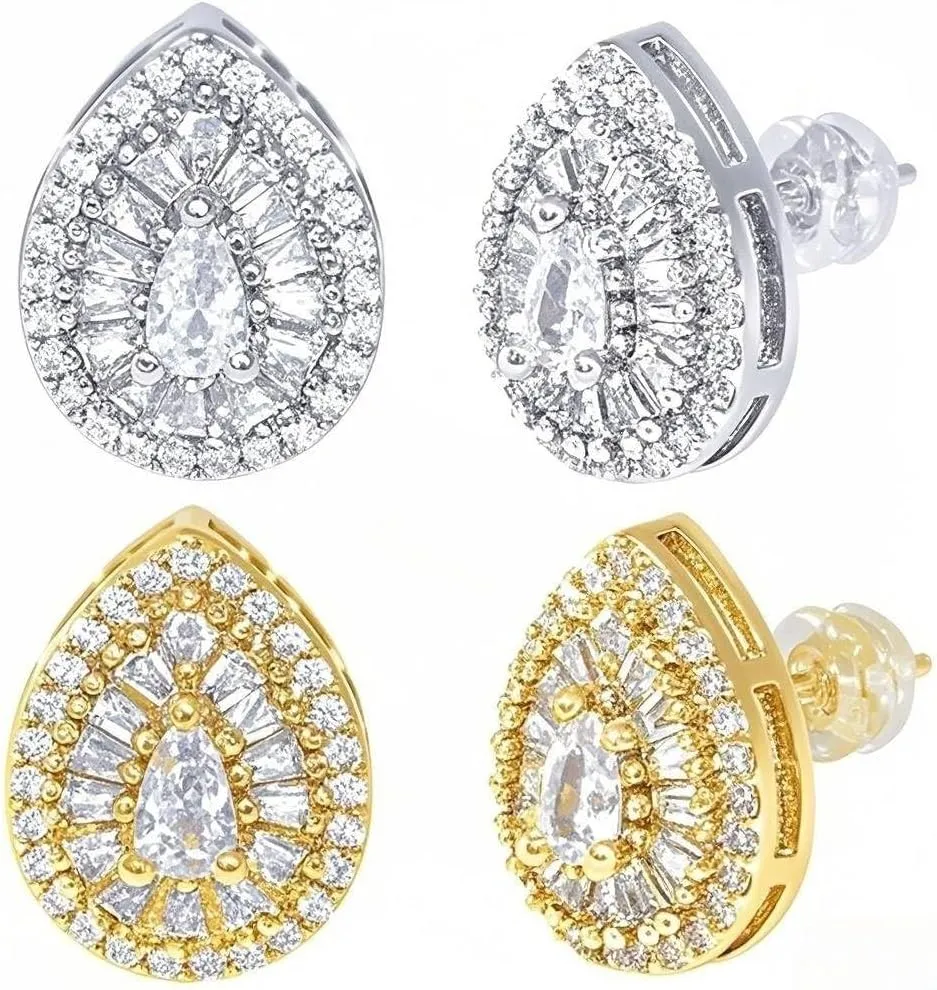 LuReen Earring Studs for Men Women - 18K Gold Plated Cubic Zirconia Stud Earrings Set, Iced Out CZ Studs, Simulated Diamond Halo Earrings (2 Pairs)