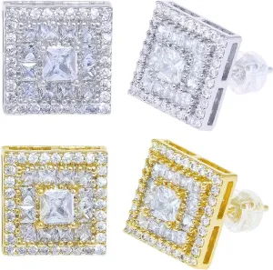 LuReen Earring Studs for Men Women - 18K Gold Plated Cubic Zirconia Stud Earrings Set, Iced Out CZ Studs, Simulated Diamond Halo Earrings (2 Pairs)