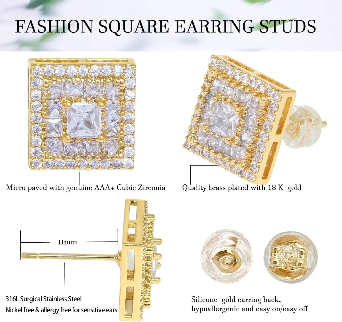 LuReen Earring Studs for Men Women - 18K Gold Plated Cubic Zirconia Stud Earrings Set, Iced Out CZ Studs, Simulated Diamond Halo Earrings (2 Pairs)