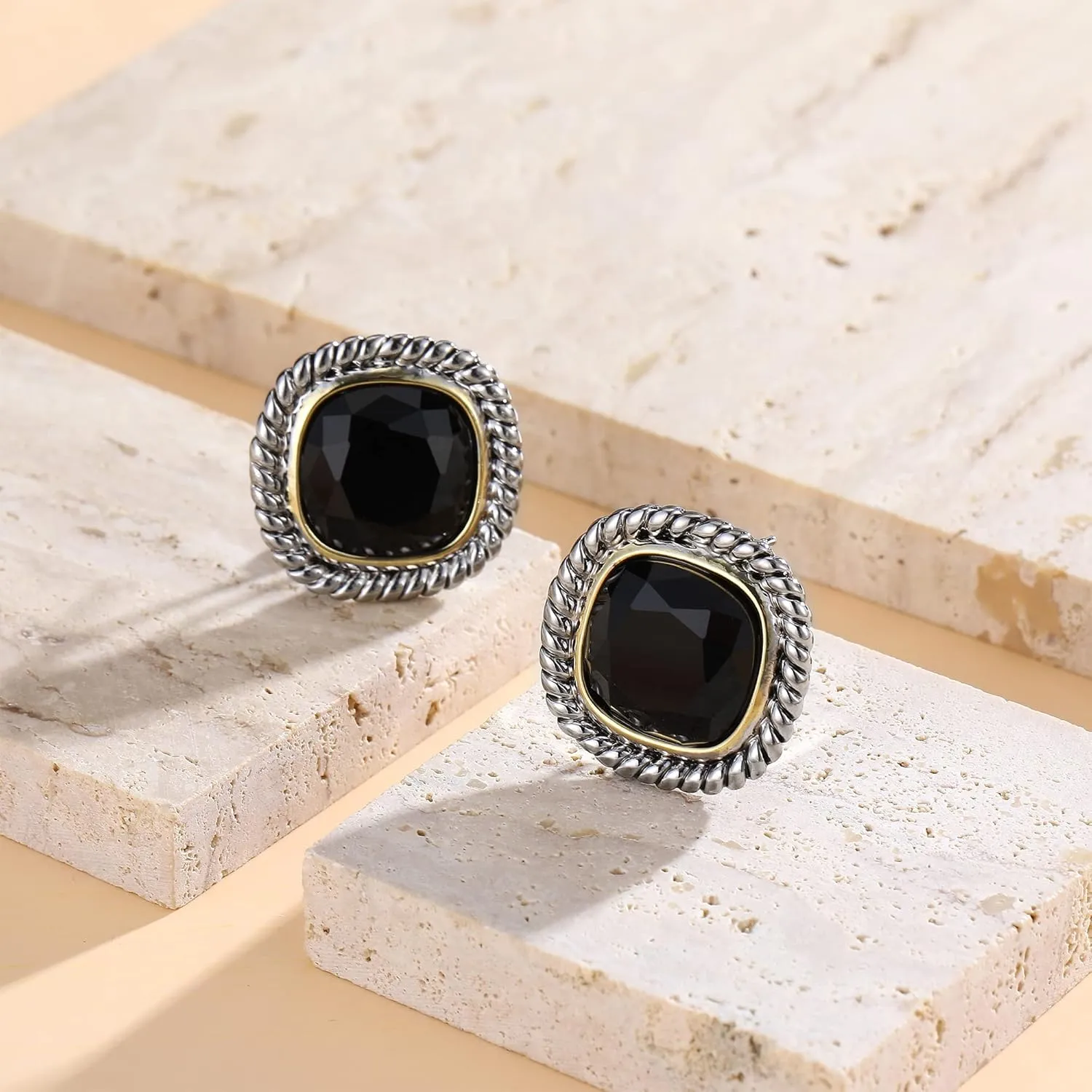 Luxe Two-Tone Black Stone Stud Earrings | Designer Inspired Rope Border Fashion Jewelry for Women | Gold & Silver Color