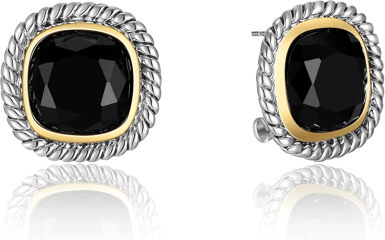 Luxe Two-Tone Black Stone Stud Earrings | Designer Inspired Rope Border Fashion Jewelry for Women | Gold & Silver Color