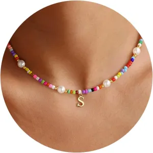 M MOOHAM Colorful Initial Necklaces for Girls - Pearl Beaded Choker Necklace for Women Teen Girl Colorful, Trendy Personalized Letter Initial Gifts Birthday Gifts Kids Jewelry