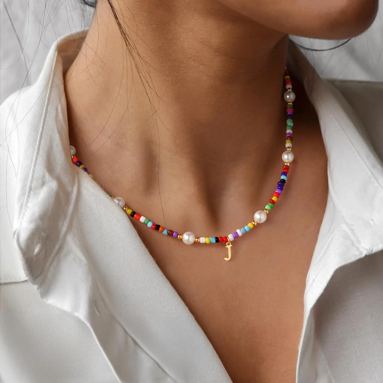 M MOOHAM Colorful Initial Necklaces for Girls - Pearl Beaded Choker Necklace for Women Teen Girl Colorful, Trendy Personalized Letter Initial Gifts Birthday Gifts Kids Jewelry