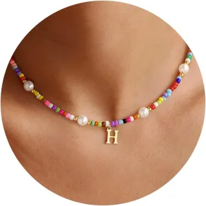 M MOOHAM Colorful Initial Necklaces for Girls - Pearl Beaded Choker Necklace for Women Teen Girl Colorful, Trendy Personalized Letter Initial Gifts Birthday Gifts Kids Jewelry