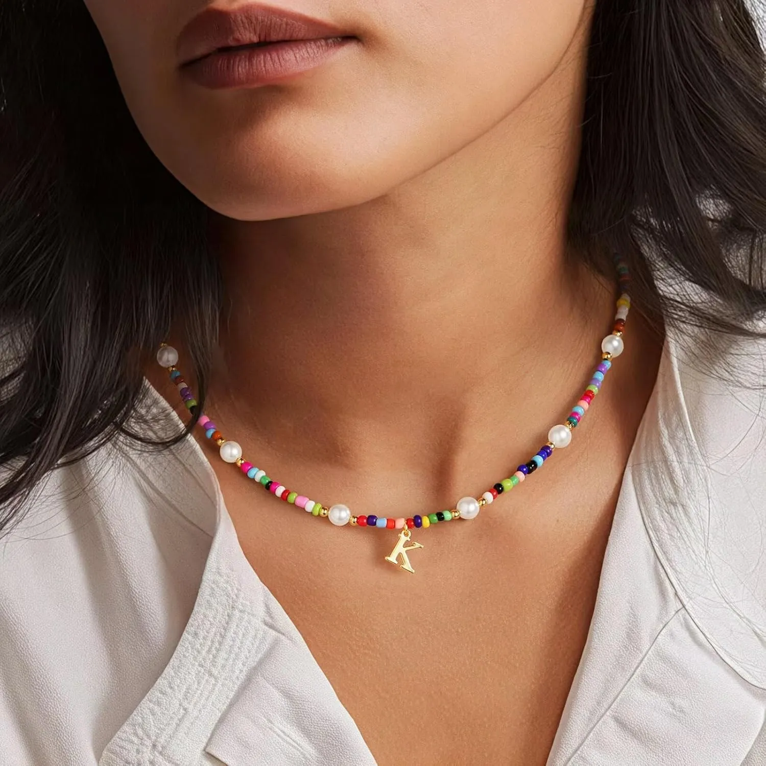M MOOHAM Colorful Initial Necklaces for Girls - Pearl Beaded Choker Necklace for Women Teen Girl Colorful, Trendy Personalized Letter Initial Gifts Birthday Gifts Kids Jewelry