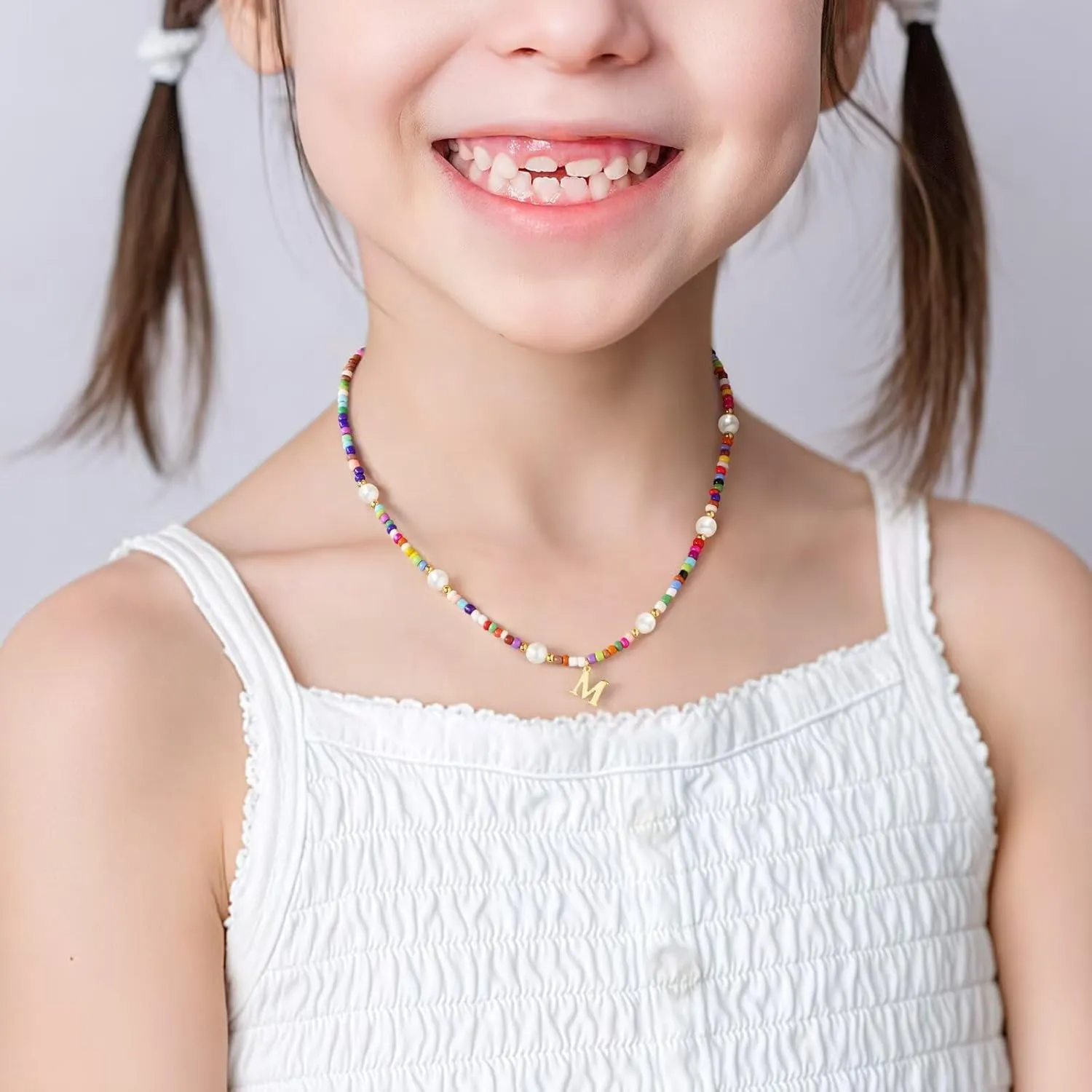 M MOOHAM Colorful Initial Necklaces for Girls - Pearl Beaded Choker Necklace for Women Teen Girl Colorful, Trendy Personalized Letter Initial Gifts Birthday Gifts Kids Jewelry