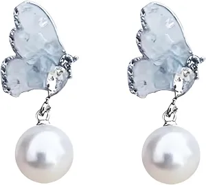 MALOYANVE Pearl Earrings for Women Dreamy Large Butterfly Wings Star 925 Sterling Silver Freshwater Real Rhinestone Stud Earrings Wedding Birthday Jewelry Gifts