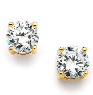 Mariell Cubic Zirconia Crystal Gold Stud Earrings, 2 Carat Round CZ Solitaire, Imitation Diamond Earrings