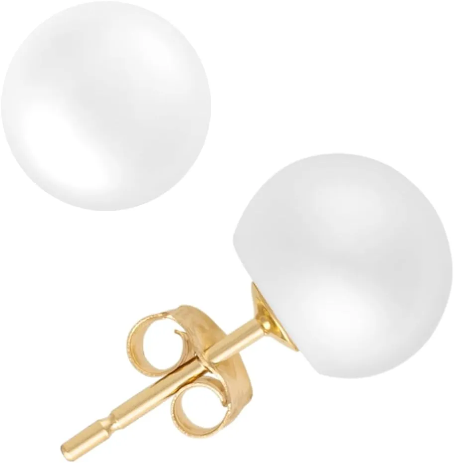 MAZZERI Solid 14k Gold Freshwater Button Pearl Stud Earrings for Women, Hypoallergenic Butterfly Pushback Studs