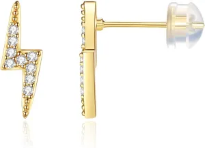 Me&Hz 14K Gold Plated Stud Earrings for Women Cute CZ Heart Lightning Blot Leaf Small Gold Stud Earrings Cartilage Earring Birthday Halloween Christmas Gift