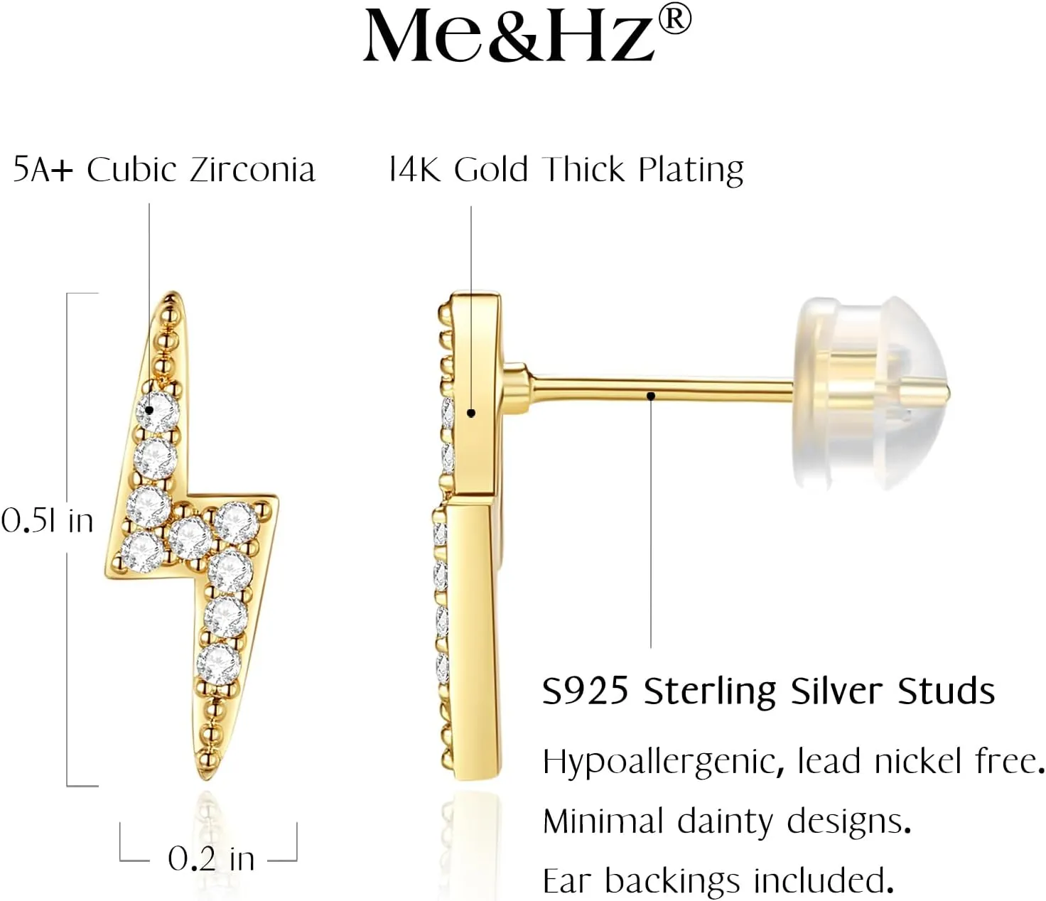 Me&Hz 14K Gold Plated Stud Earrings for Women Cute CZ Heart Lightning Blot Leaf Small Gold Stud Earrings Cartilage Earring Birthday Halloween Christmas Gift