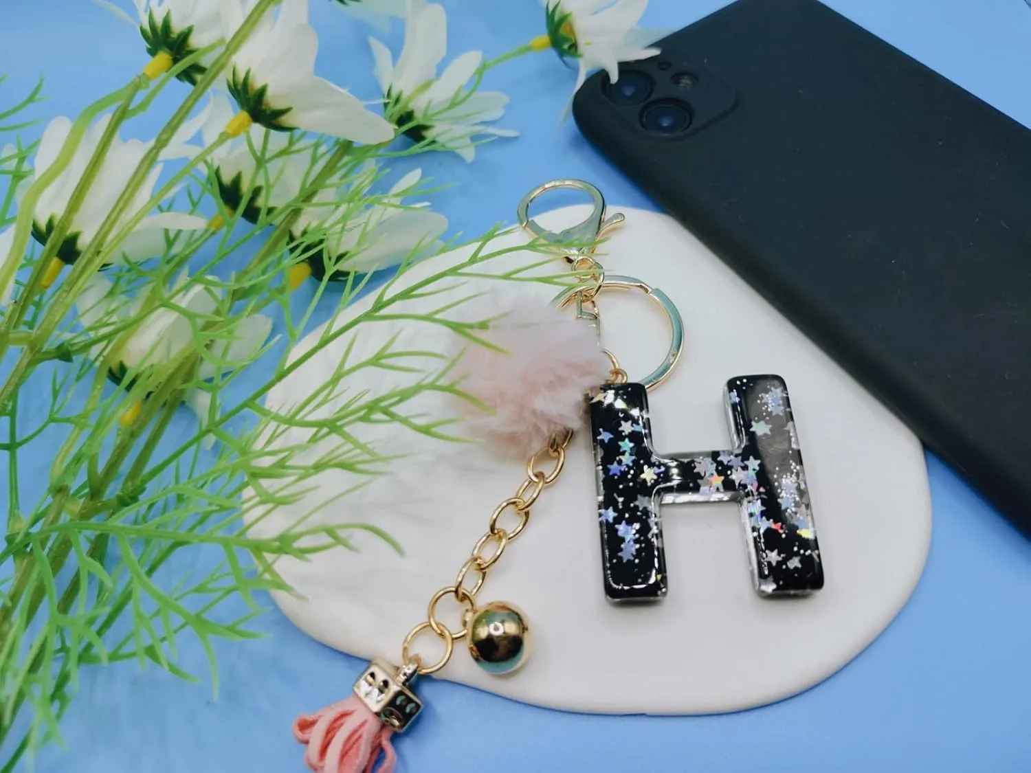 Meefisher Black Alphabet Initial Letter Keychain Star Pink Tassel Charm with Fur Ball Pom Pendant Keyring for Purse Keys