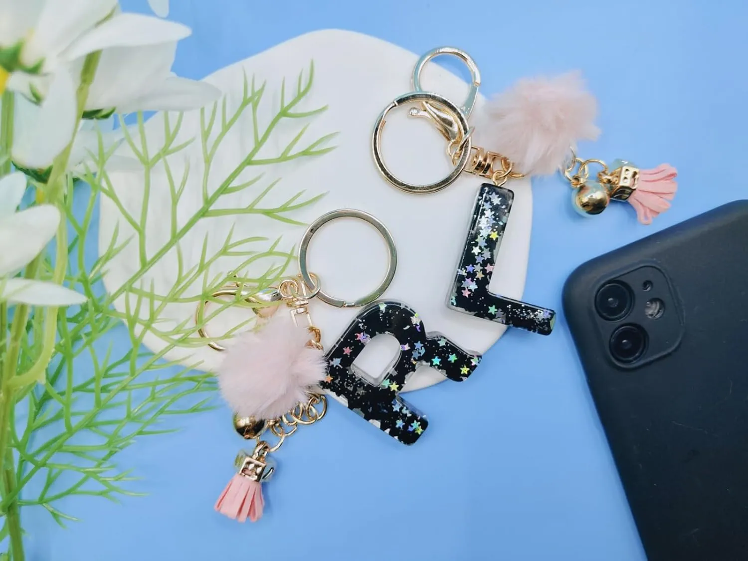 Meefisher Black Alphabet Initial Letter Keychain Star Pink Tassel Charm with Fur Ball Pom Pendant Keyring for Purse Keys