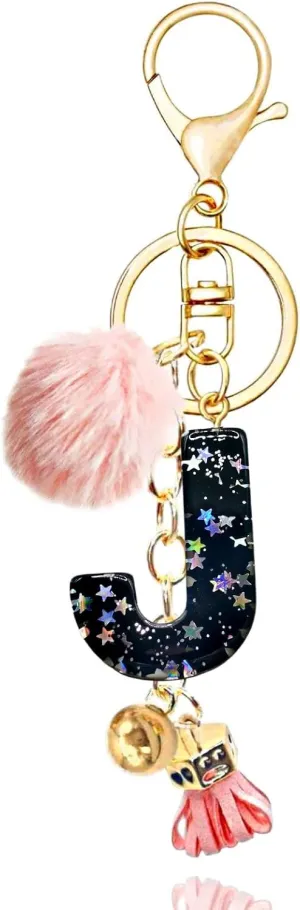 Meefisher Black Alphabet Initial Letter Keychain Star Pink Tassel Charm with Fur Ball Pom Pendant Keyring for Purse Keys