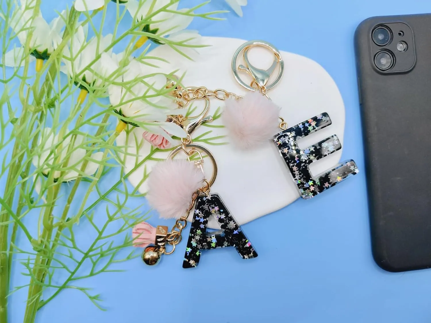 Meefisher Black Alphabet Initial Letter Keychain Star Pink Tassel Charm with Fur Ball Pom Pendant Keyring for Purse Keys