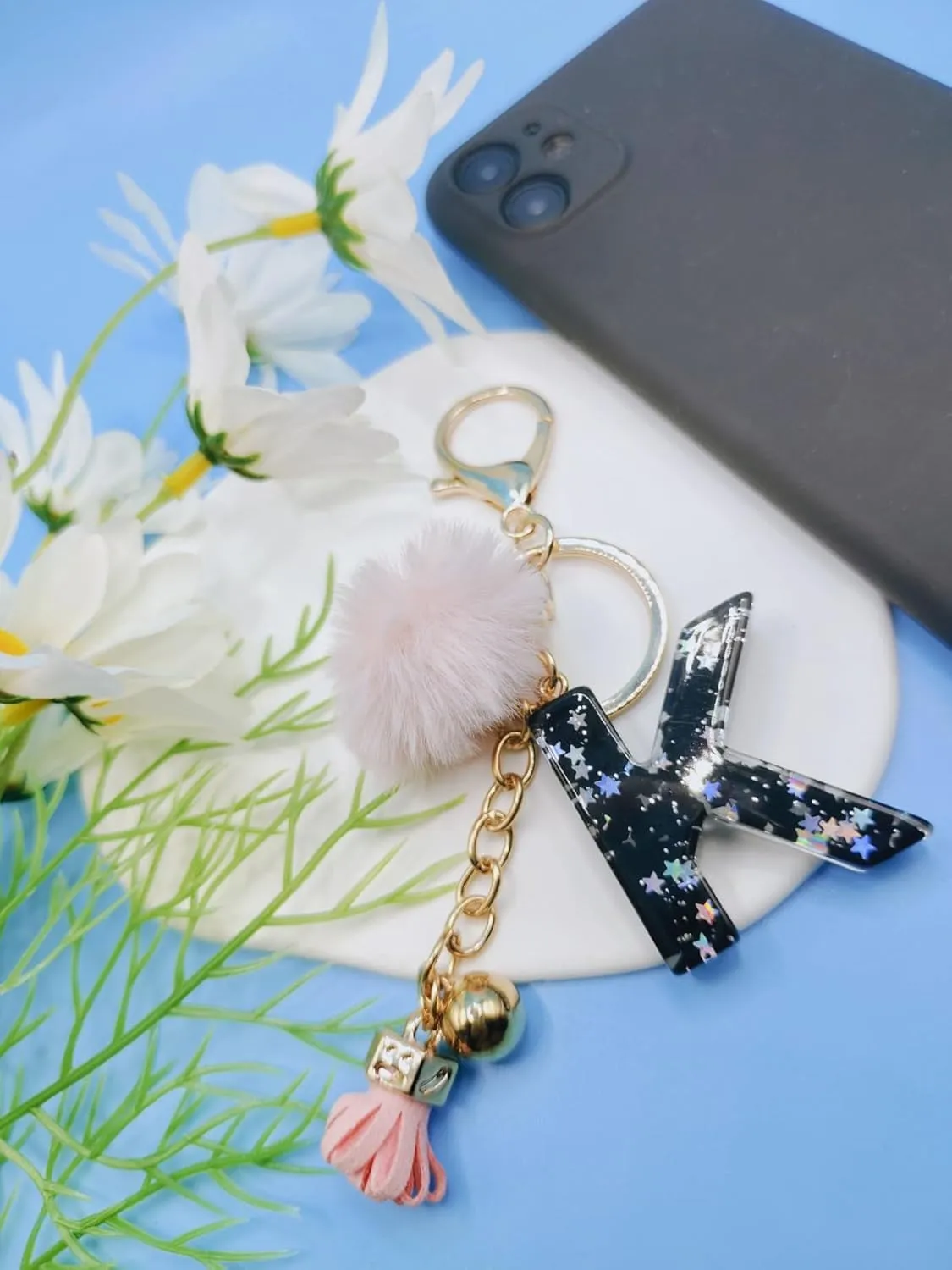 Meefisher Black Alphabet Initial Letter Keychain Star Pink Tassel Charm with Fur Ball Pom Pendant Keyring for Purse Keys