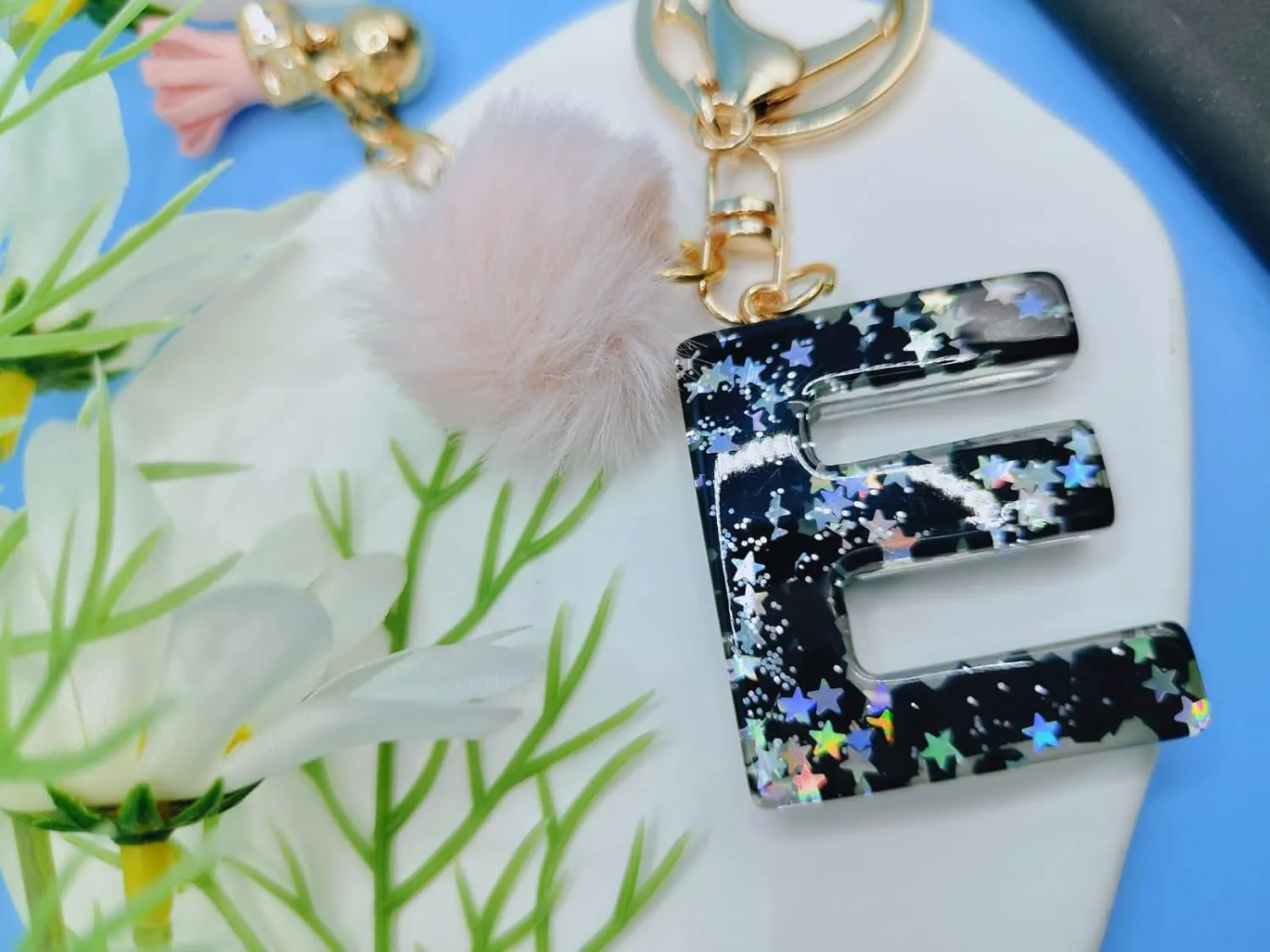 Meefisher Black Alphabet Initial Letter Keychain Star Pink Tassel Charm with Fur Ball Pom Pendant Keyring for Purse Keys