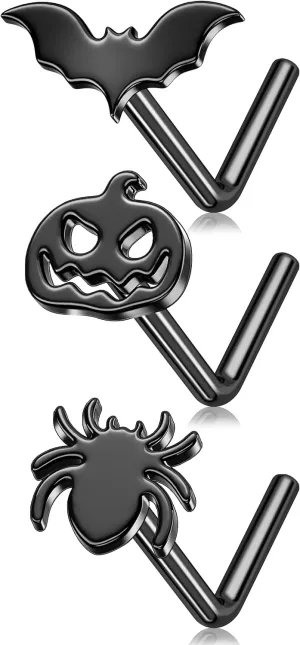 MeIighting 20G 3PCS Halloween Nose Studs Bat Nose Rings Black Nose Piercing L-Shaped Spider Nose Piercing 7mm 316L Stainless Steel Pumpkin Nose Piercing Jewelry for Women
