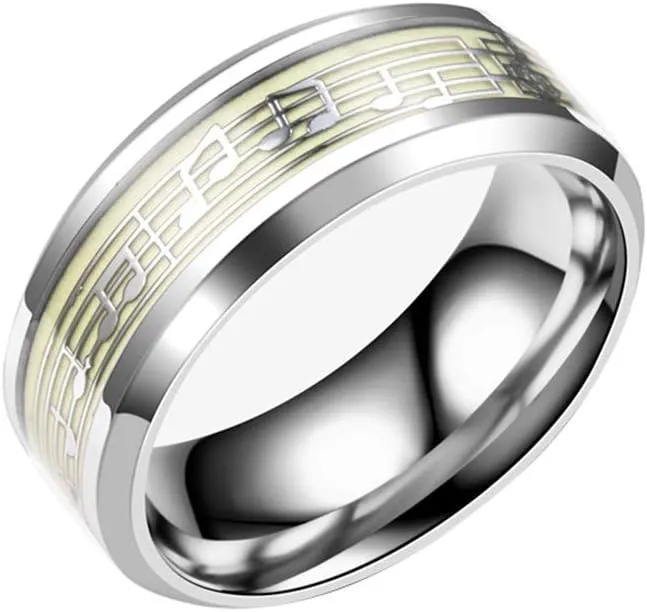 Men Women 8mm Luminous Rings Stainless Steel Luminous Musical Note Ring Glow in The Dark