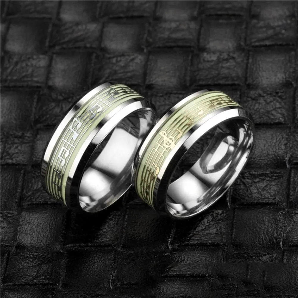 Men Women 8mm Luminous Rings Stainless Steel Luminous Musical Note Ring Glow in The Dark
