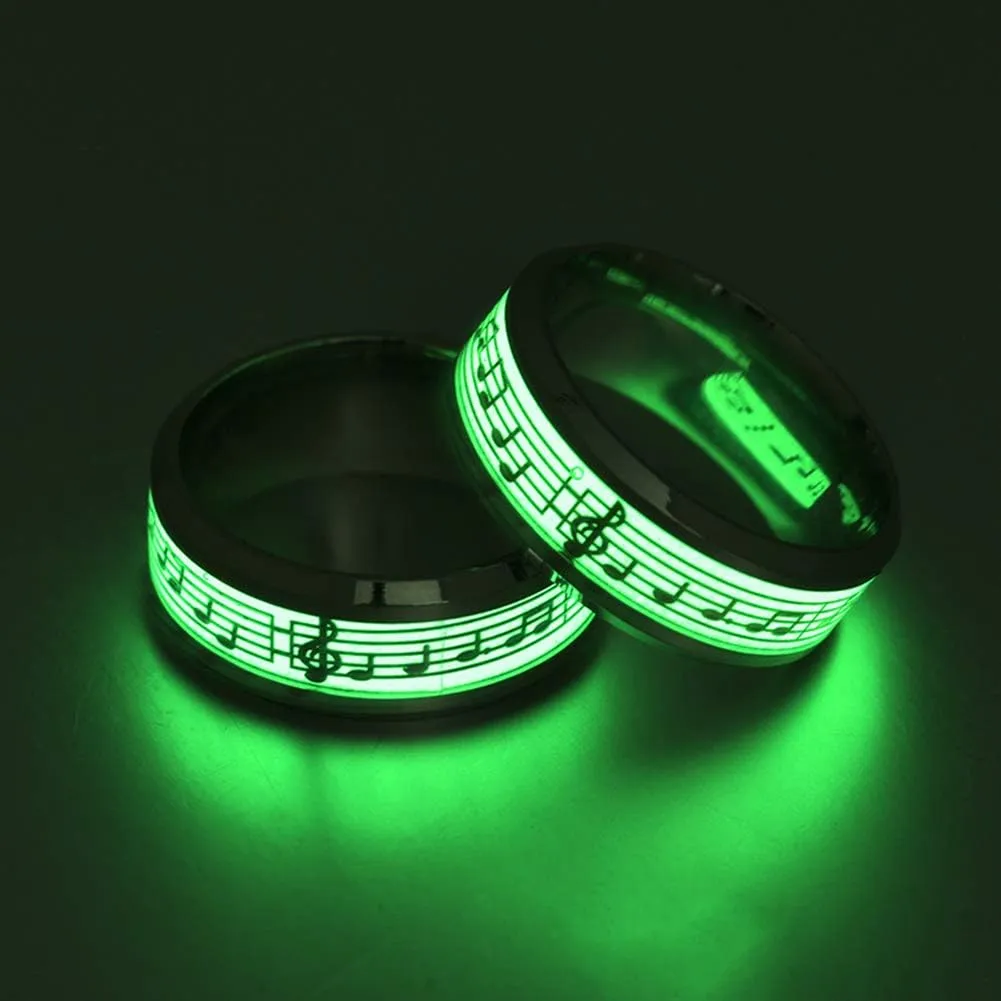 Men Women 8mm Luminous Rings Stainless Steel Luminous Musical Note Ring Glow in The Dark