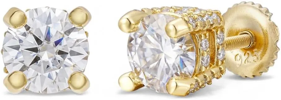 Men Women Classic Yellow Gold Plated 925 Sterling Silver Fully Iced Cz Round Solitaire Stud Earrings Screw Back Stud Circle Earrings 9 Millimeters Unisex Nickel Free Small Earring Studs