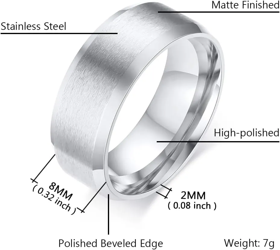 Men's Basic Brushed Matte Ring 4MM 6MM 8MM 10MM Black/Blue/Silver Stainless Steel Rings for Men Women Wedding Engagement Bands Matte Brushed Finish Beveled Polished Edges Comfort Fit Size 5-15