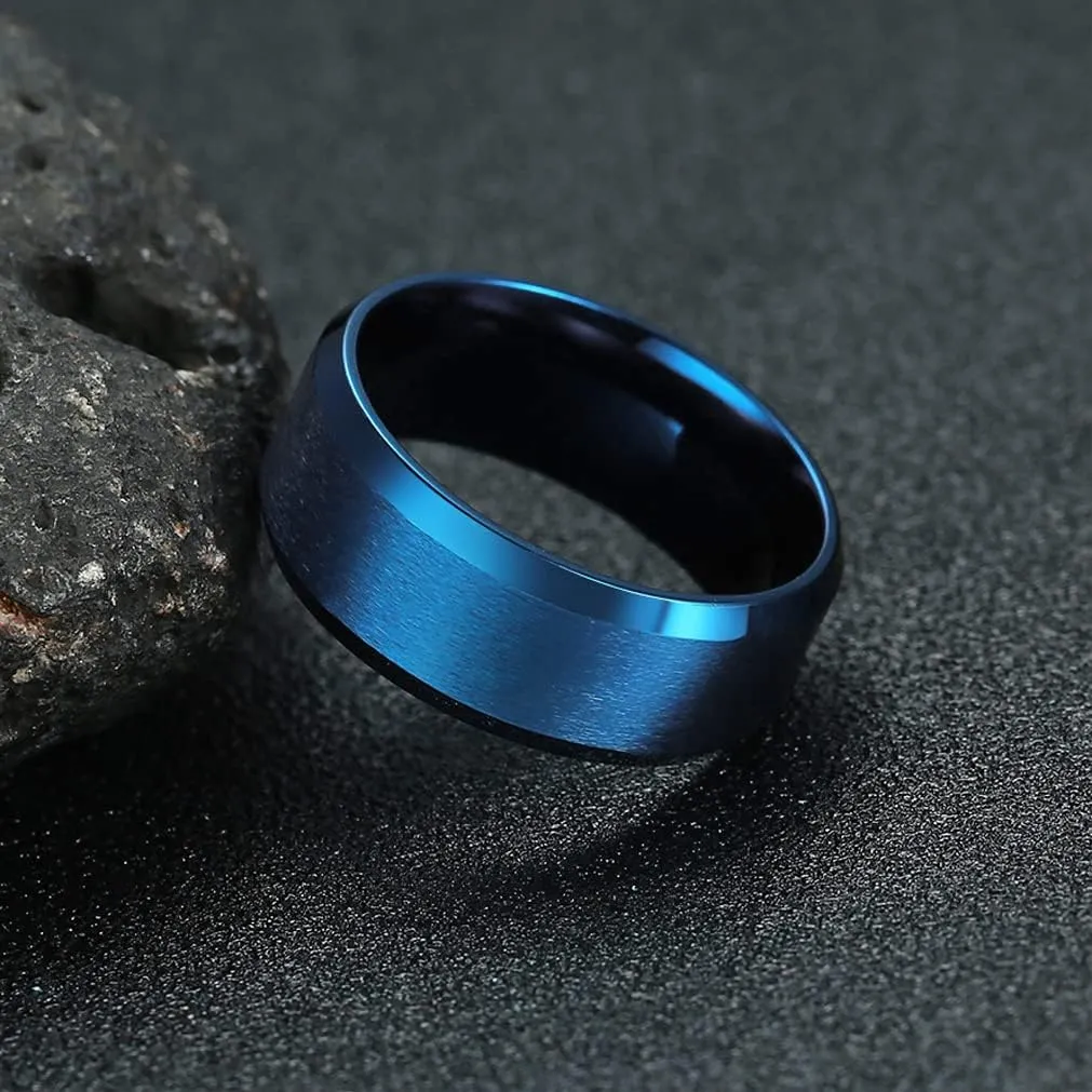 Men's Basic Brushed Matte Ring 4MM 6MM 8MM 10MM Black/Blue/Silver Stainless Steel Rings for Men Women Wedding Engagement Bands Matte Brushed Finish Beveled Polished Edges Comfort Fit Size 5-15