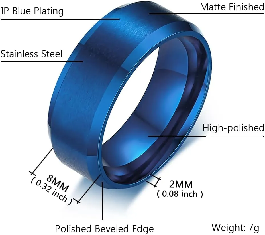Men's Basic Brushed Matte Ring 4MM 6MM 8MM 10MM Black/Blue/Silver Stainless Steel Rings for Men Women Wedding Engagement Bands Matte Brushed Finish Beveled Polished Edges Comfort Fit Size 5-15